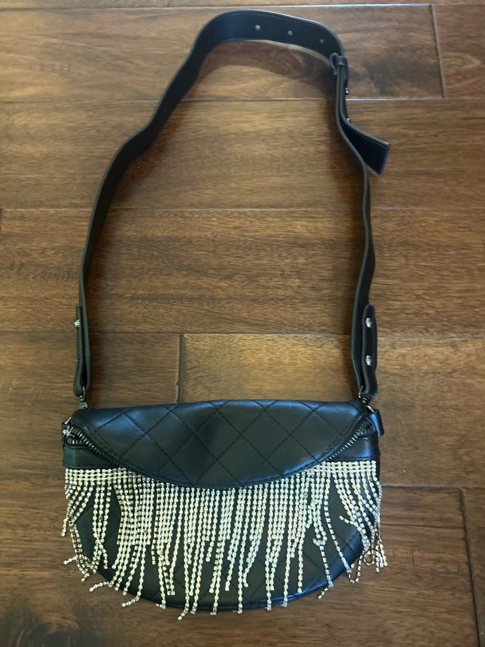 Black Quilted Crossbody Bag with Silver Rhinestones Fringe